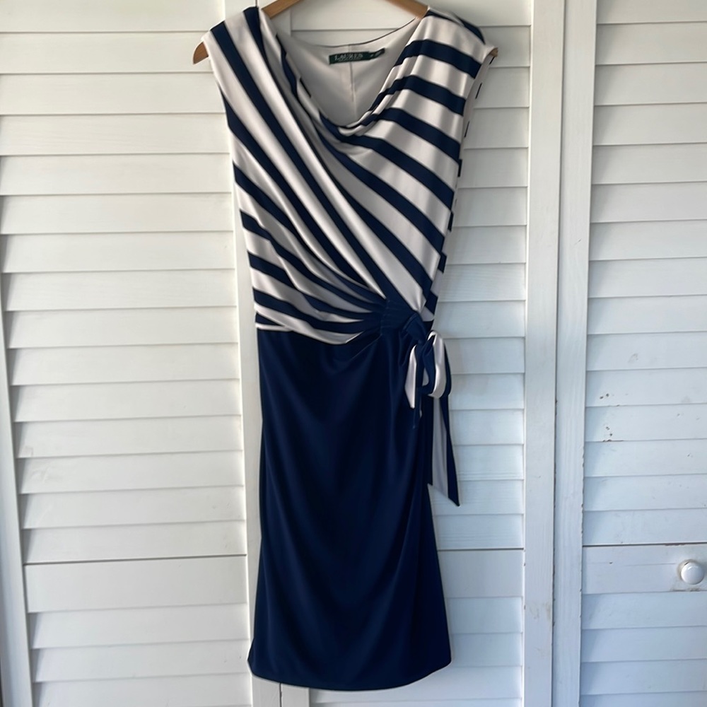 Lauren Ralph Lauren Blue and White side tie dress